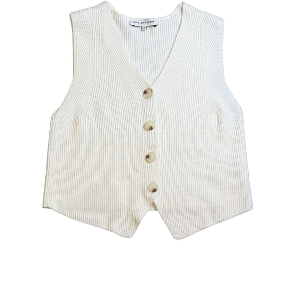 English Factory Ribbed Neutral White Knit V Neck Vest Button Down Size XL